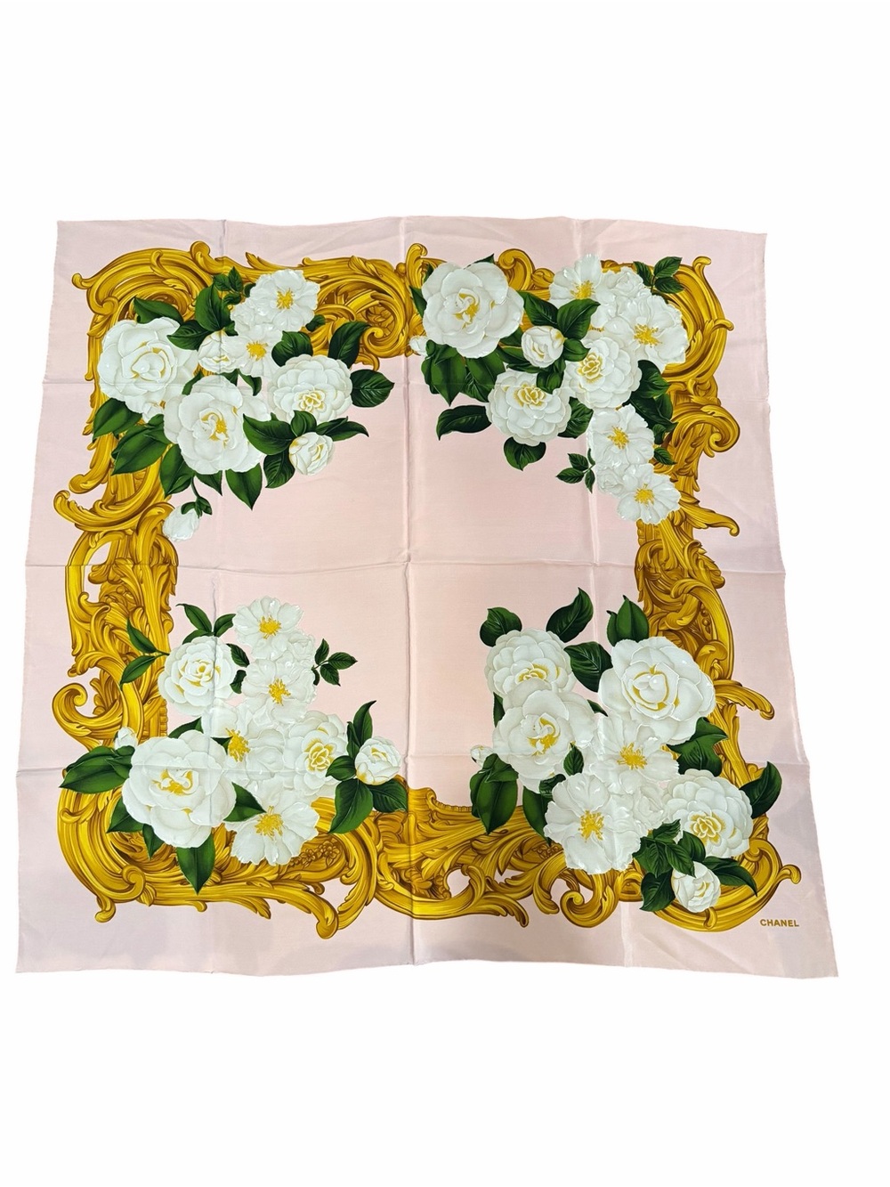 CHANEL Vintage Pink Silk Scarf with White Camellias and Gold Scroll Border